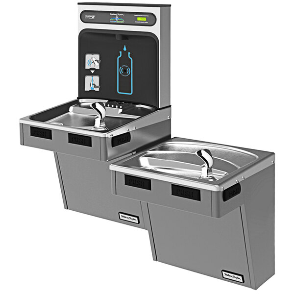 A Halsey Taylor HydroBoost water fountain with two stainless steel drink dispensers.