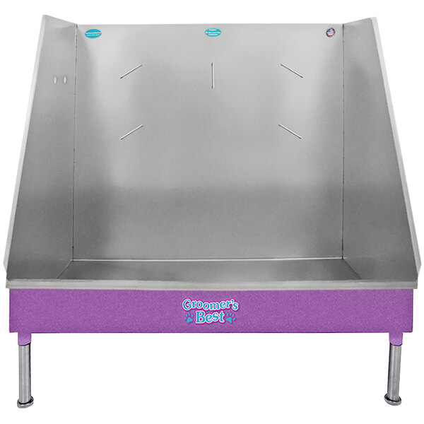 A purple Groomer's Best walk-in tub with a metal frame and left drain.