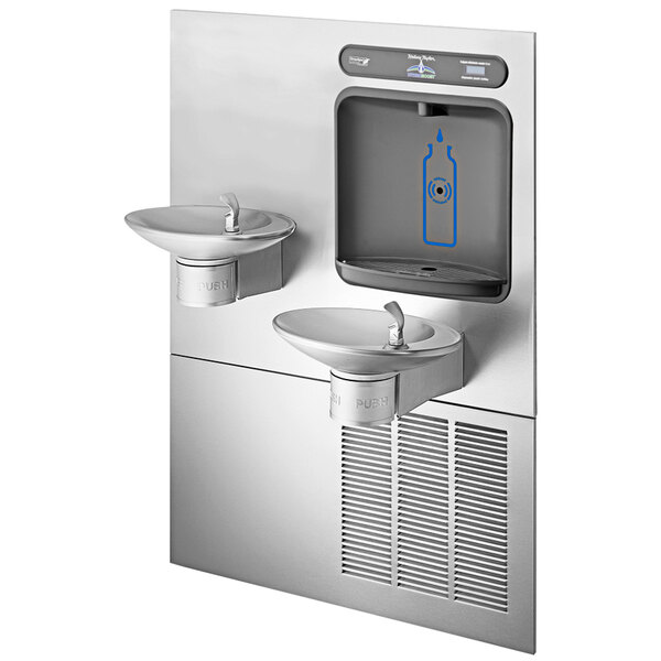 A stainless steel Halsey Taylor water dispenser with two drinking fountains.