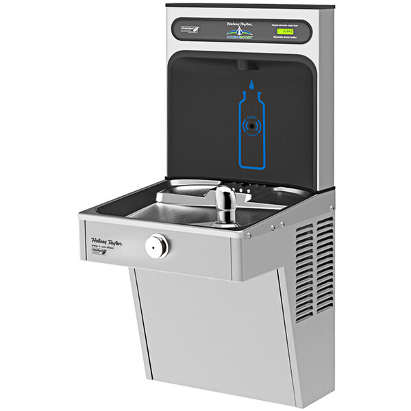A stainless steel Halsey Taylor water fountain with a blue bottle on the screen.