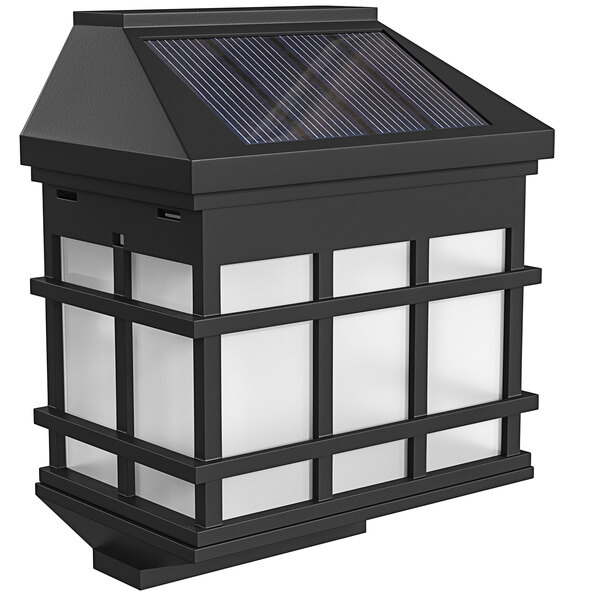 A black Flash Furniture wall mount solar powered LED light with a solar panel.