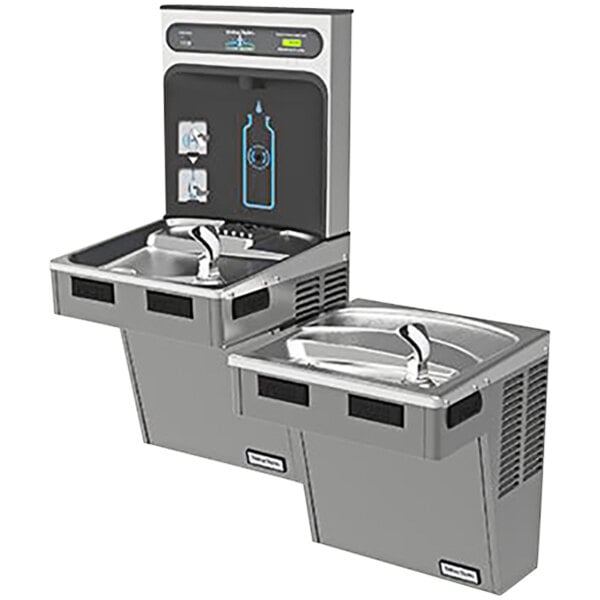 A Halsey Taylor HydroBoost water fountain with two stainless steel water dispensers and a screen.
