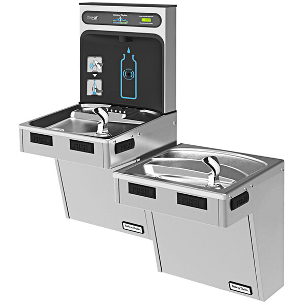 A Halsey Taylor stainless steel water fountain with a chilled drink dispenser and touchless blue button.