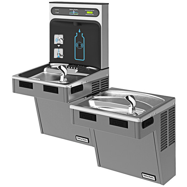 A Halsey Taylor HydroBoost water fountain with two stainless steel water dispensers and a water bottle filling station.