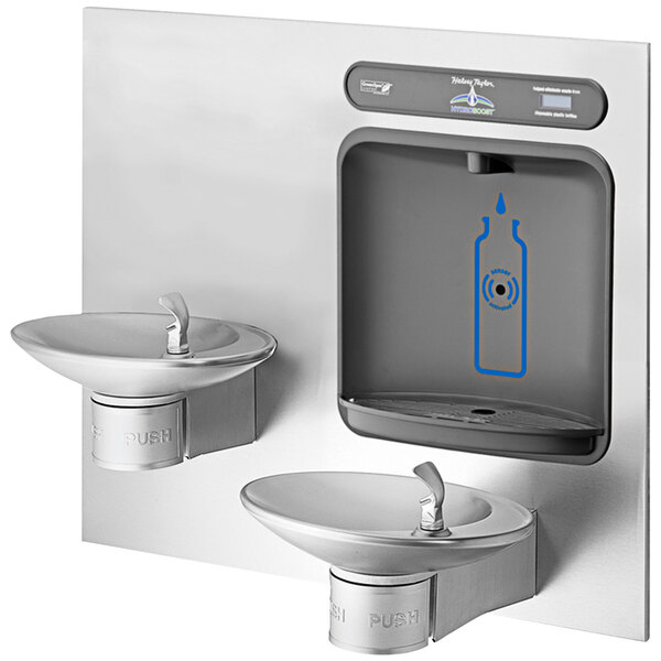 A stainless steel Halsey Taylor water fountain with two drinking fountains.