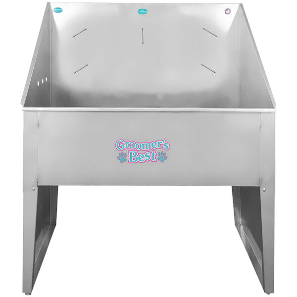 A metal box with a logo on it that says "Groomer's Best" in blue and pink text.