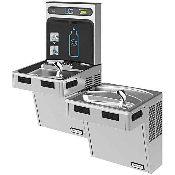 A Halsey Taylor stainless steel bi-level water fountain with a bottle filling station and drink dispenser.