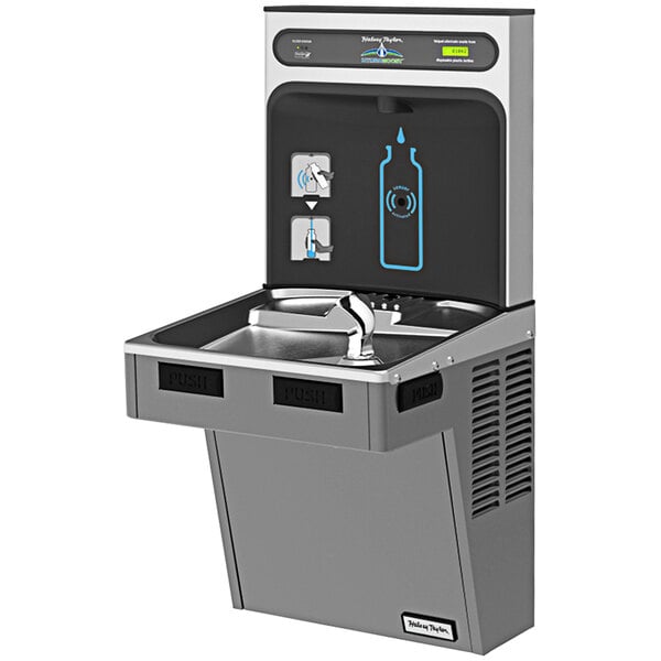 A Halsey Taylor HydroBoost water fountain and bottle filling station with a touch screen.
