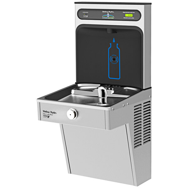 A stainless steel Halsey Taylor water fountain with a blue bottle filling station.
