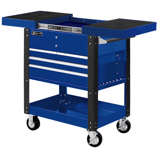 A blue Homak Pro Series slide top service cart with black wheels and two drawers.