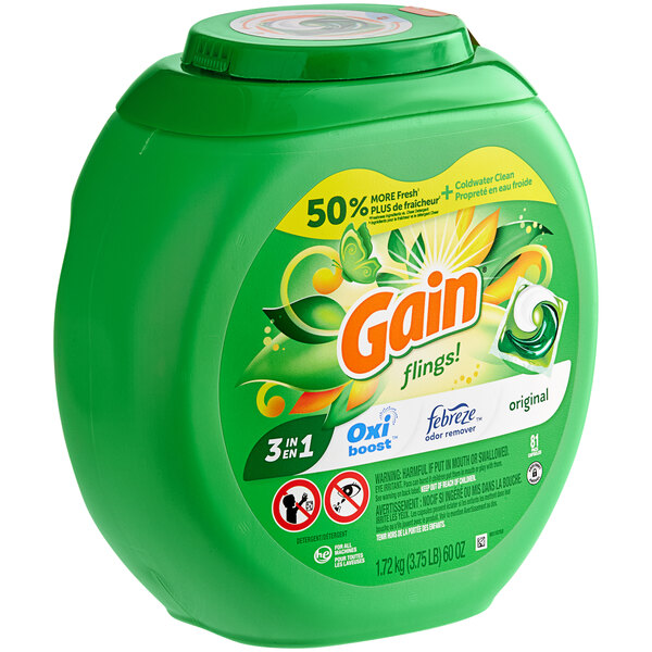 A green container of Gain Original Flings laundry detergent with a yellow label.
