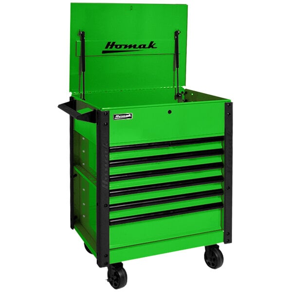 A lime green Homak Pro Series service cart with black wheels and drawers.