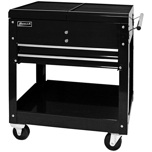 A black Homak service cart with two drawers and wheels.