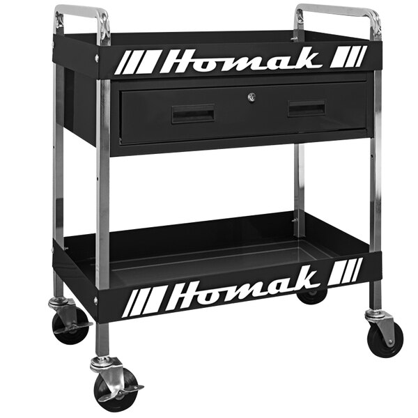 A black Homak Pro Series service cart with a drawer.