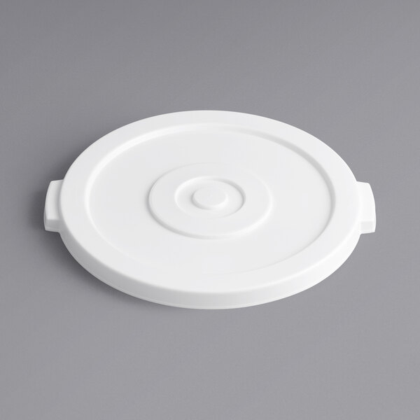 A white plastic lid for a 20 gallon vegetable crisper bin with a circle.