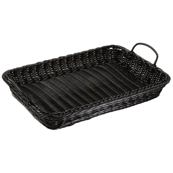 A black rectangular plastic basket with handles.