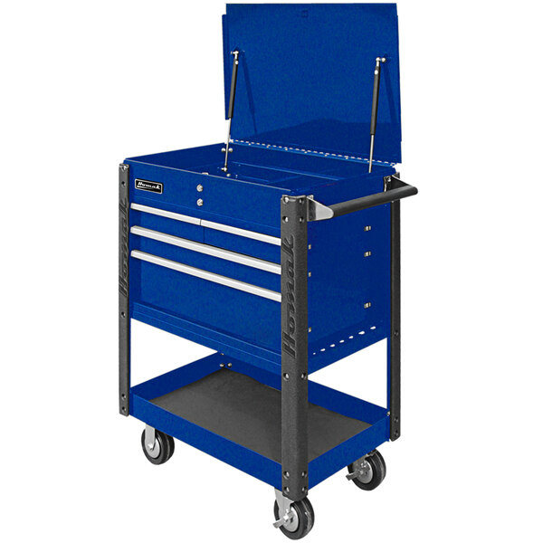 A blue Homak Pro Series tool cart with two drawers and a flip top.