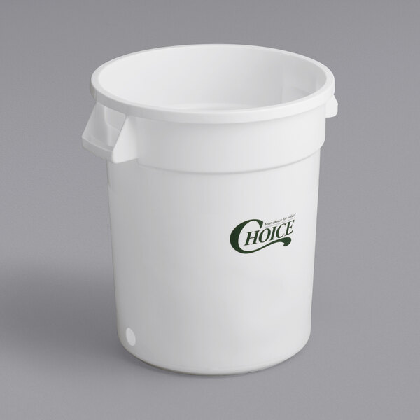 A white plastic Choice 20 gallon bin with green text.