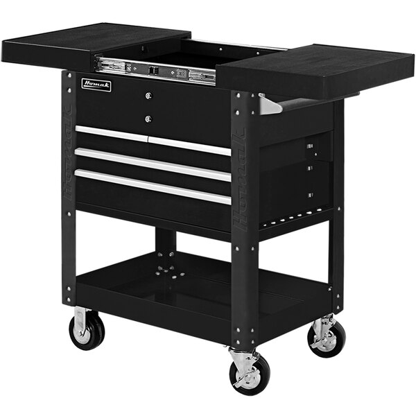A black Homak 4-drawer slide top service cart on wheels.