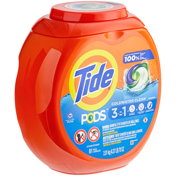 A container of Tide 3-in-1 laundry detergent pods on a store shelf.