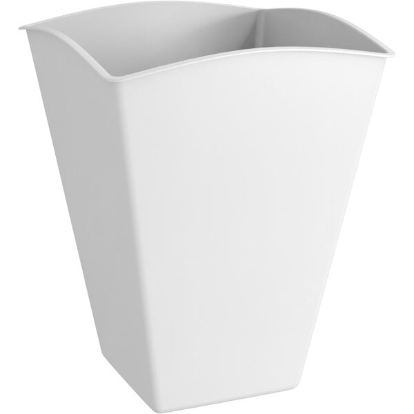 A white customizable hard plastic popcorn bucket with a lid.