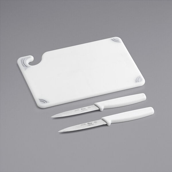 Choice 9 x 6 x 3/8 White Bar Size Cutting Board and Knife Set