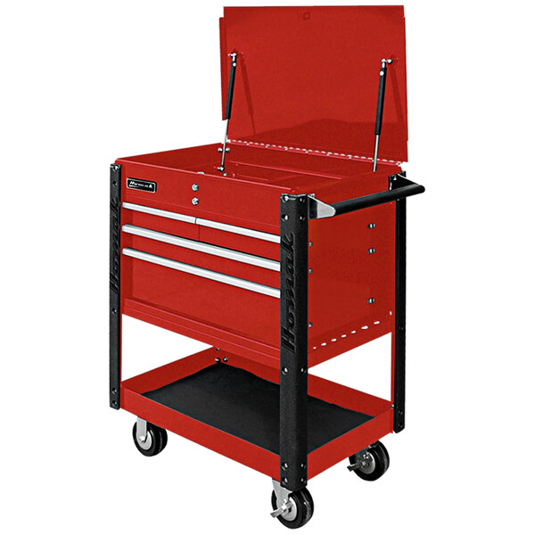 A red Homak Pro Series 4-drawer service cart with a black flip top and wheels.