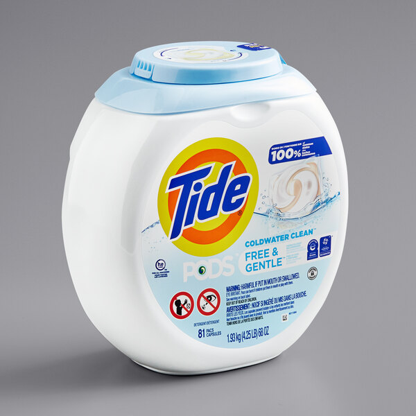 A container of Tide Free and Gentle PODS laundry detergent with a blue lid.