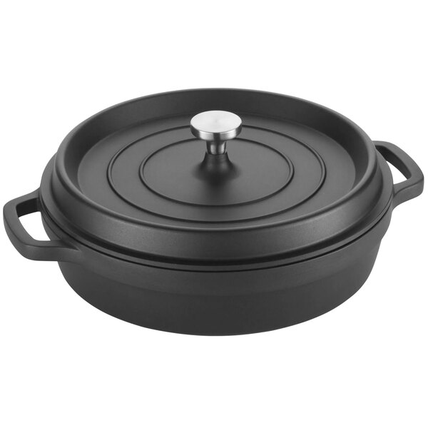 A black round pot with a lid.