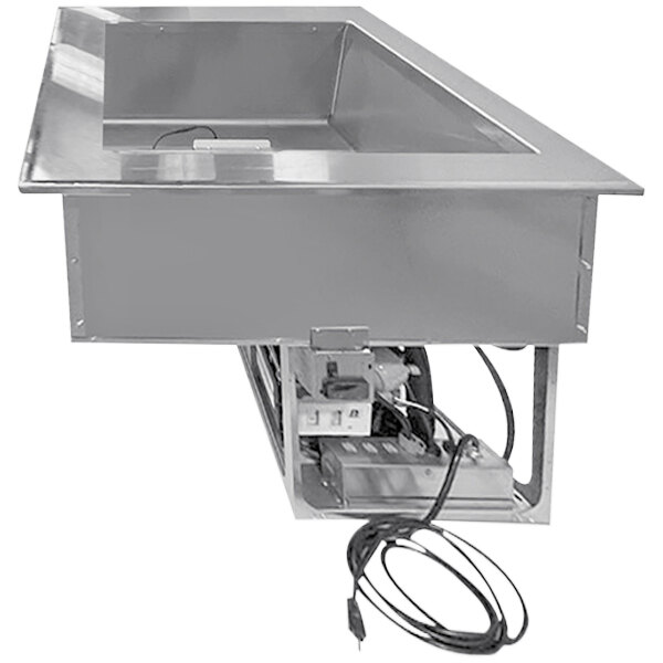 A stainless steel drop-in refrigerated well with a power cord.
