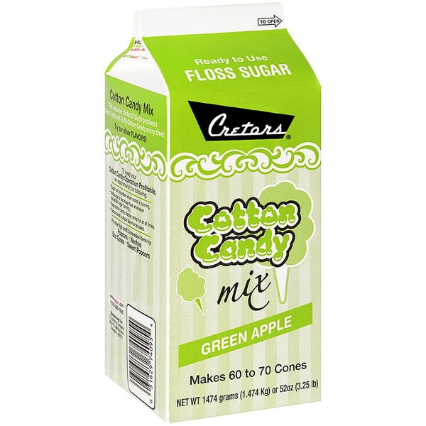 A white and green carton of Cretors Green Apple Cotton Candy Floss Sugar.