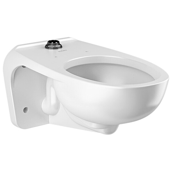 A white Sloan wall-mounted toilet with a lid and black bedpan lugs.