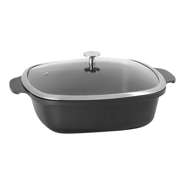 A black and silver Spring USA Motif titanium non-stick square roaster with a lid.