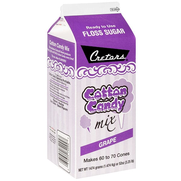 A white and purple Cretors carton of grape cotton candy floss sugar on a counter.