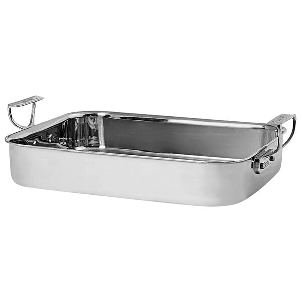 A Spring USA Primo! silver rectangular roasting pan with stainless steel handles.