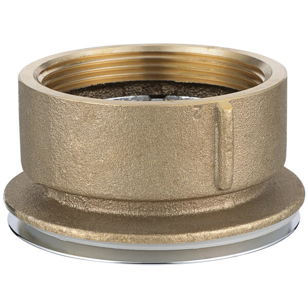A Zurn brass threaded coupling with a brass nut on a round metal base.