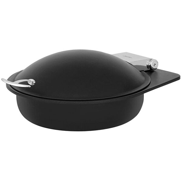 A black round Spring USA stainless steel chafer with a silver handle on top.