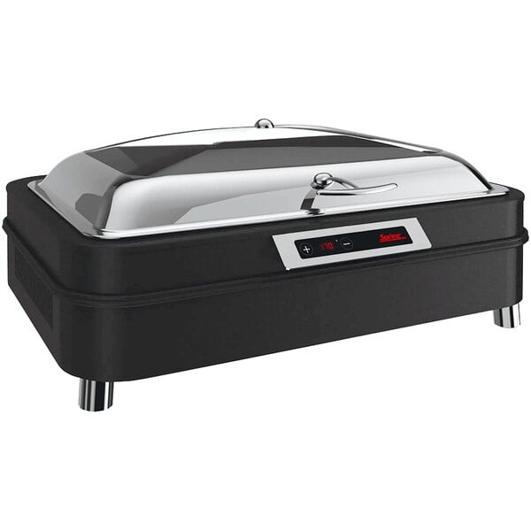 A black and silver rectangular Spring USA Solstice dual hot/cold chafer with a glass lid.
