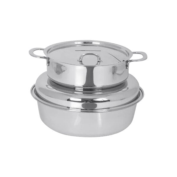 A stack of Spring USA stainless steel marmite chafer pots with two lids.