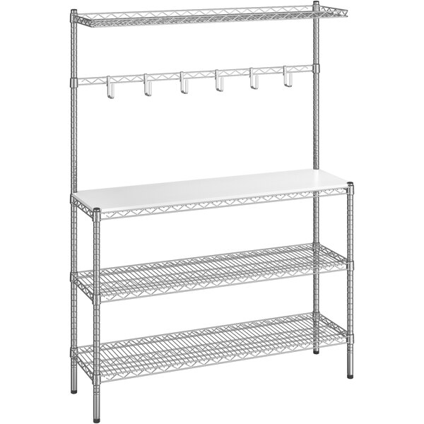 A Regency chrome wire baker's rack with two shelves and two hooks.