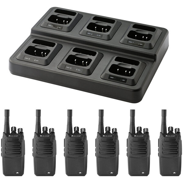 A black Midland BizTalk walkie talkie bundle with six radios and car chargers.