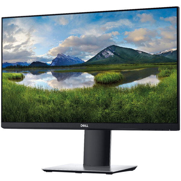 A Dell black 23-inch LED monitor displaying a landscape with a mountain range and lake.