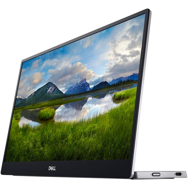 A Dell portable monitor displaying a landscape on its screen.