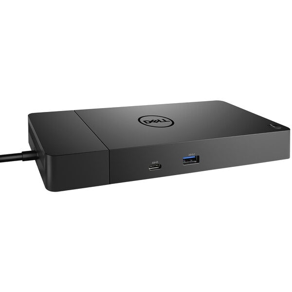 A black rectangular Dell Docking Station with ports and a cable.
