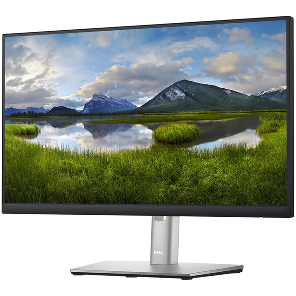 A Dell 21 1/2" computer monitor on a white background displaying a mountain and lake landscape.
