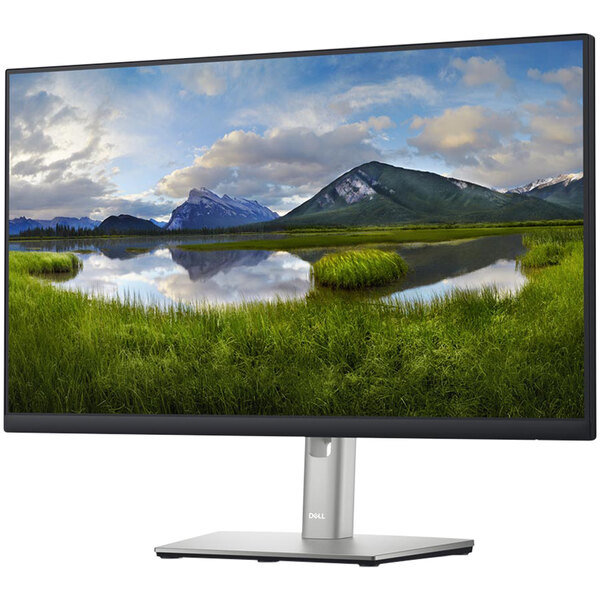 A Dell computer monitor with a landscape on the screen.