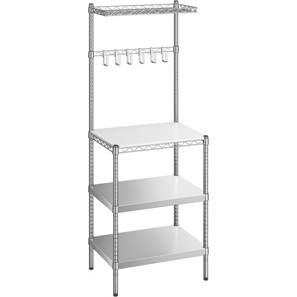 A Regency stainless steel baker's rack with solid stainless steel shelves and a white plastic cutting board on top.