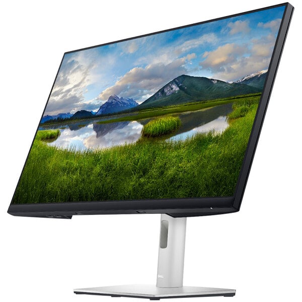 A Dell 27" computer monitor with a landscape on the screen.