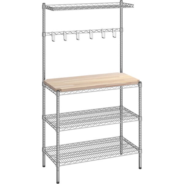 A Regency chrome wire shelving unit with a wood top.