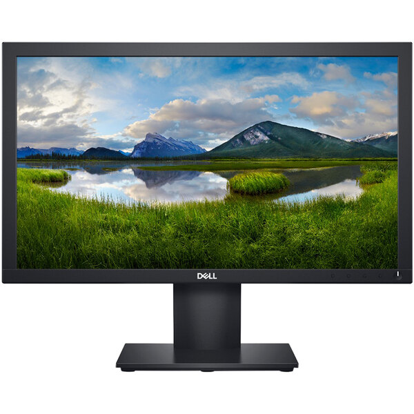 A Dell black LED-LCD computer monitor on a black shelf.